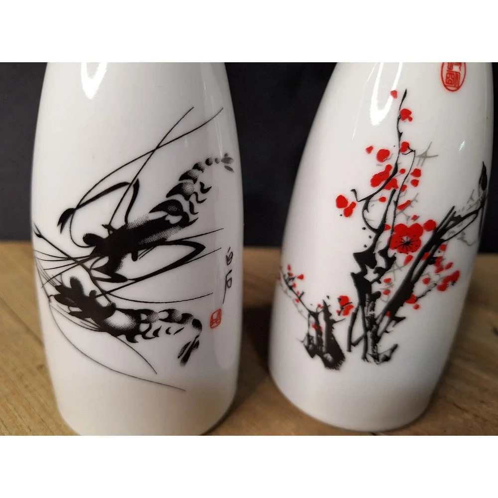 Vintage Chinese Porcelain Sake Bottles Pair Shrimp and Plum Blossom Calligraphy